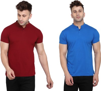 GEUM Solid Men Mandarin Collar Maroon, Blue T-Shirt