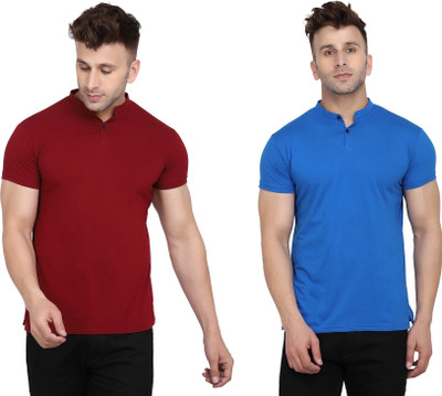 GEUM Solid Men Mandarin Collar Maroon, Blue T-Shirt