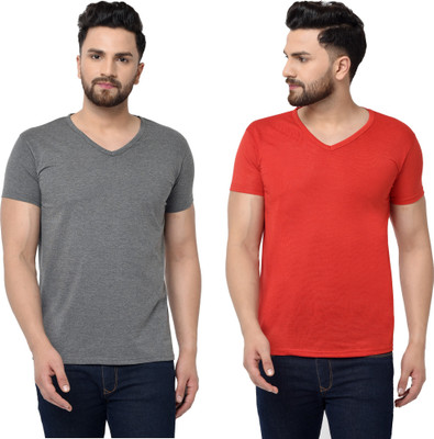 Tresna Trending Solid Men V Neck Red, Grey T-Shirt
