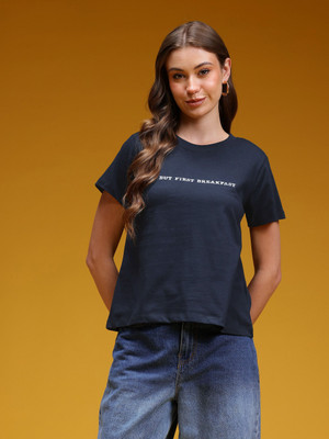 HERE&NOW Printed Women Round Neck Blue T-Shirt