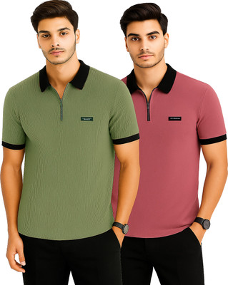 R ROCKIN TEES Solid Men Zip Neck Multicolor T-Shirt