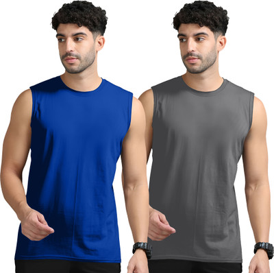 Adorbs Solid Men Round Neck Dark Blue, Grey T-Shirt