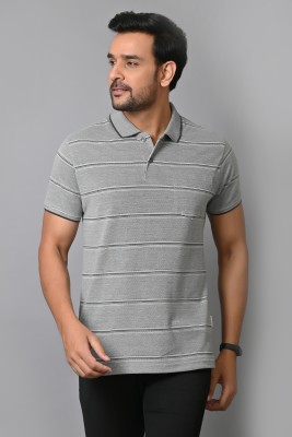 Arbour Striped Men Polo Neck Grey, White T-Shirt