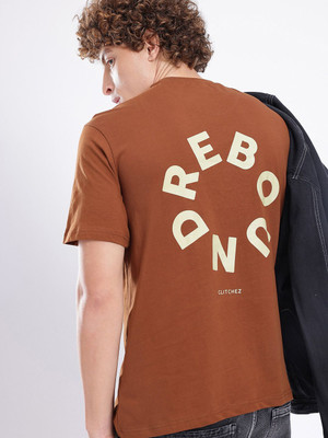 Glitchez Printed Men Round Neck Brown T-Shirt