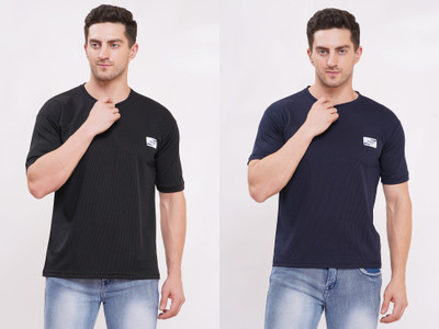 Pavis Solid, Printed Men Round Neck Black, Navy Blue T-Shirt