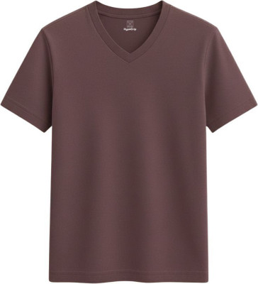 HypeDrip Solid Men V Neck Brown T-Shirt