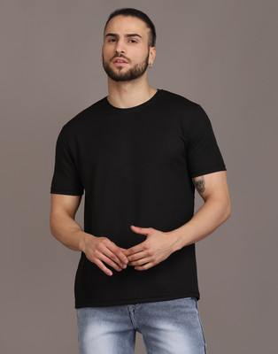 Acetone Solid Men Round Neck Black T-Shirt