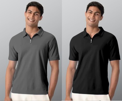 INDICLUB Solid Men Polo Neck Grey, Black T-Shirt