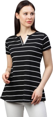 GO.4.IT Striped Women Henley Neck White, Black T-Shirt