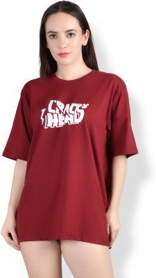 weardo Printed, Typography Women Round Neck Maroon T-Shirt