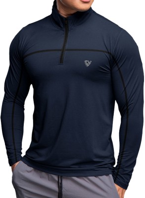 EyeBogler Solid Men Zip Neck Navy Blue T-Shirt