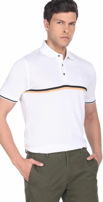 ARROW Striped Men Polo Neck White T-Shirt