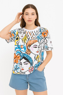 XPIOX Printed Women Round Neck White T-Shirt
