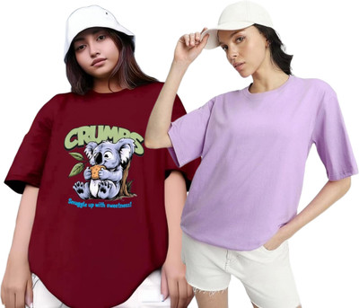 R S Fashion Printed Women Round Neck Maroon, Purple T-Shirt