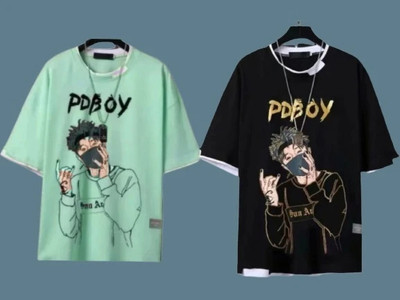 Meetri Printed Men Round Neck Light Green, Black T-Shirt