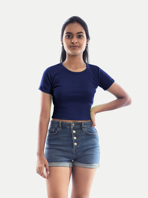 radprix Solid Women Round Neck Dark Blue T-Shirt