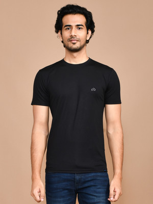 SKYKNIT Solid, Printed Men Round Neck Black T-Shirt