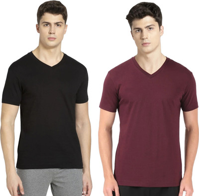 JOCKEY Solid Men V Neck Black, Maroon T-Shirt