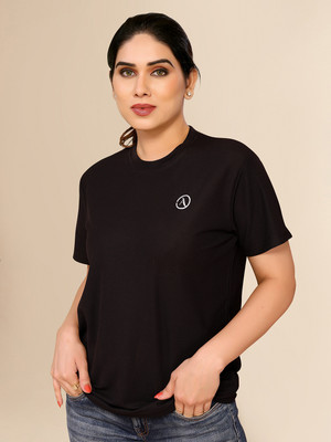 Moda Rapido Solid Women Round Neck Black T-Shirt