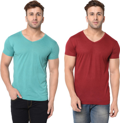 Tresna Trendy Solid Men V Neck Maroon, Light Green T-Shirt