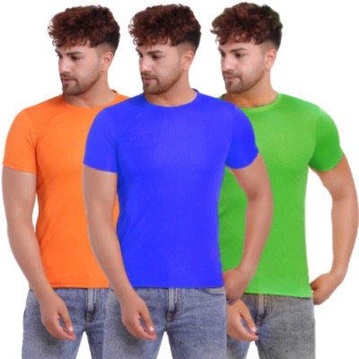 KASPY Solid Men Round Neck Orange, Green, Dark Blue T-Shirt