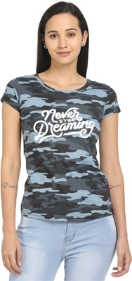 V-MART Printed Women Round Neck Dark Blue T-Shirt