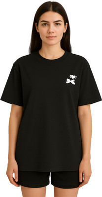 Buddy Collection Printed Women Round Neck Black T-Shirt