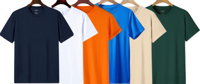 TTFE Solid Men Round Neck Navy Blue, White, Orange, Blue, Beige, Dark Green T-Shirt