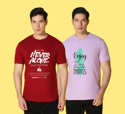 WOOSTRO Printed Men Round Neck Red, Pink T-Shirt