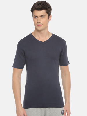 Macroman M-Series Solid Men V Neck Navy Blue T-Shirt