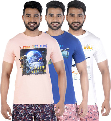 COLORS by Rupa Frontline Graphic Print Men Round Neck Pink, Dark Blue, White T-Shirt