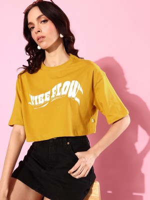 Roadster Printed Women Round Neck Yellow T-Shirt