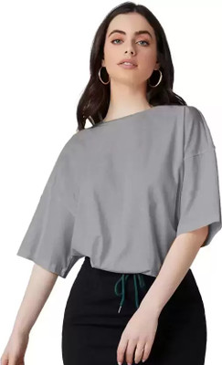Leotude Solid Women Round Neck Grey T-Shirt
