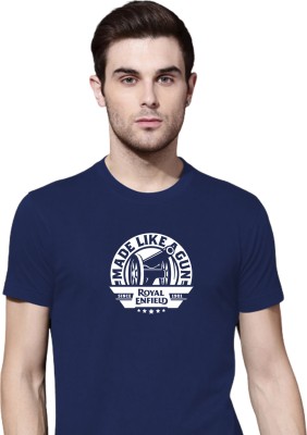 Organic Chics Printed Men Round Neck Navy Blue T-Shirt