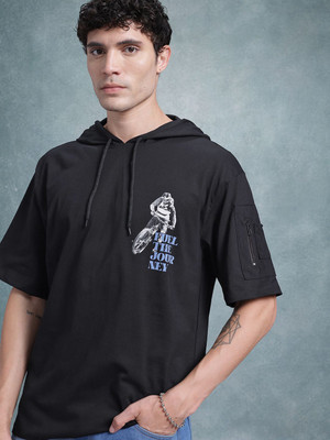 Roadster Printed Men Hooded Neck Black T-Shirt