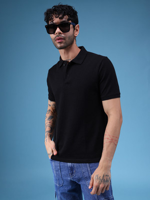 LIMEROAD Solid Men Polo Neck Black T-Shirt