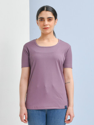 SKYKNIT Solid Women Round Neck Purple T-Shirt