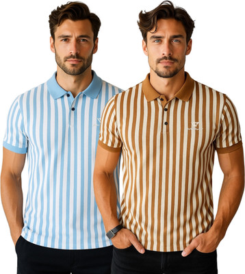 WILD ELEPHANT Striped Men Polo Neck Brown, Light Blue T-Shirt