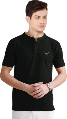 click n buy Solid, Printed Men Mandarin Collar Black T-Shirt