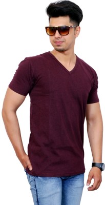 FARICON Solid Men V Neck Purple T-Shirt