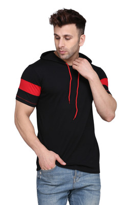 SLOWLORIS Printed Men Hooded Neck Black, Red T-Shirt