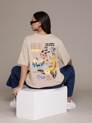 Roadster Printed, Typography Women Round Neck Beige T-Shirt