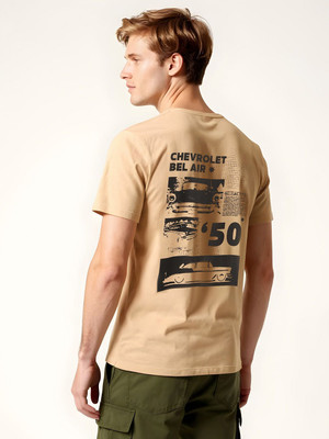 Glitchez Printed Men Round Neck Beige T-Shirt