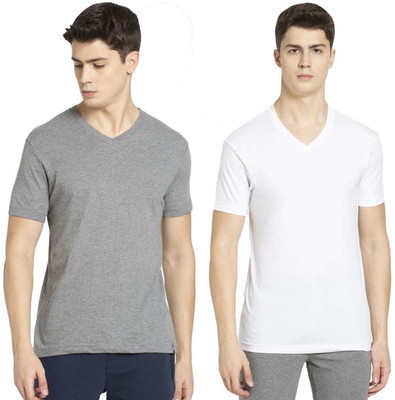 JOCKEY Solid Men V Neck Grey, White T-Shirt
