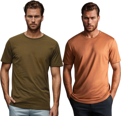 BlueFicus Solid Men Round Neck Green, Brown T-Shirt