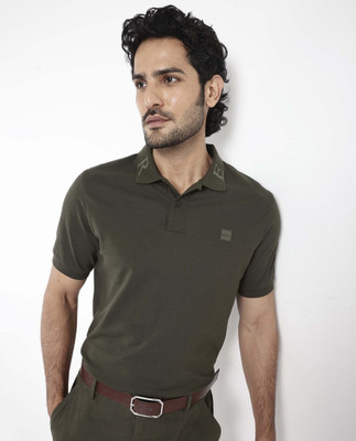 RARE RABBIT Solid Men Polo Neck Dark Green T-Shirt