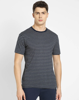 JOCKEY Striped Men Round Neck Dark Blue, Grey T-Shirt