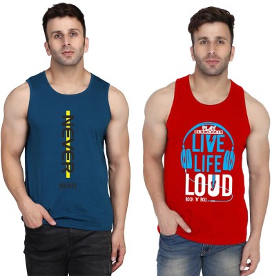 SLOWLORIS Printed Men Scoop Neck Red, Dark Blue T-Shirt