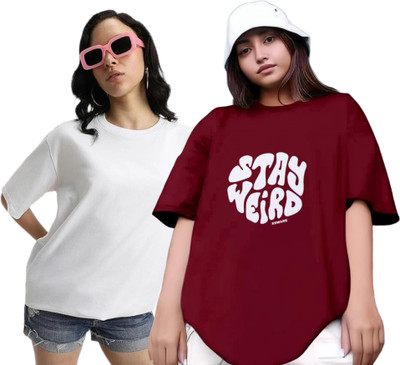 Xsware Printed Women Round Neck White, Maroon T-Shirt