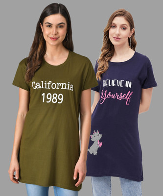 QUIN FLETCHER Printed Women Round Neck Dark Green, Dark Blue T-Shirt